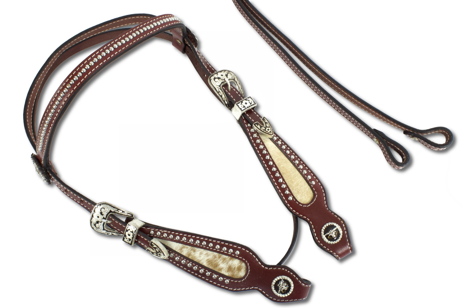 Westernová uzdečka, snaffle s intarzií z pravých vlasů, cvočky a stříbrnými přezkami měděné barvy