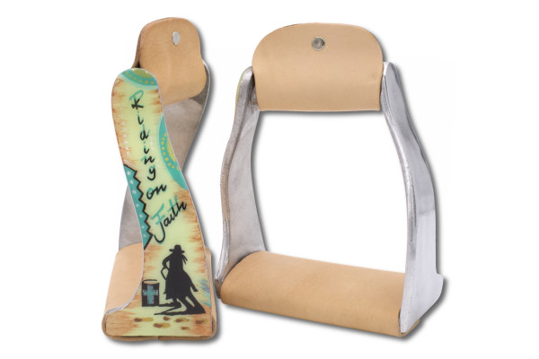 Twisted western stirrups aluminium, riding on faith, decorated