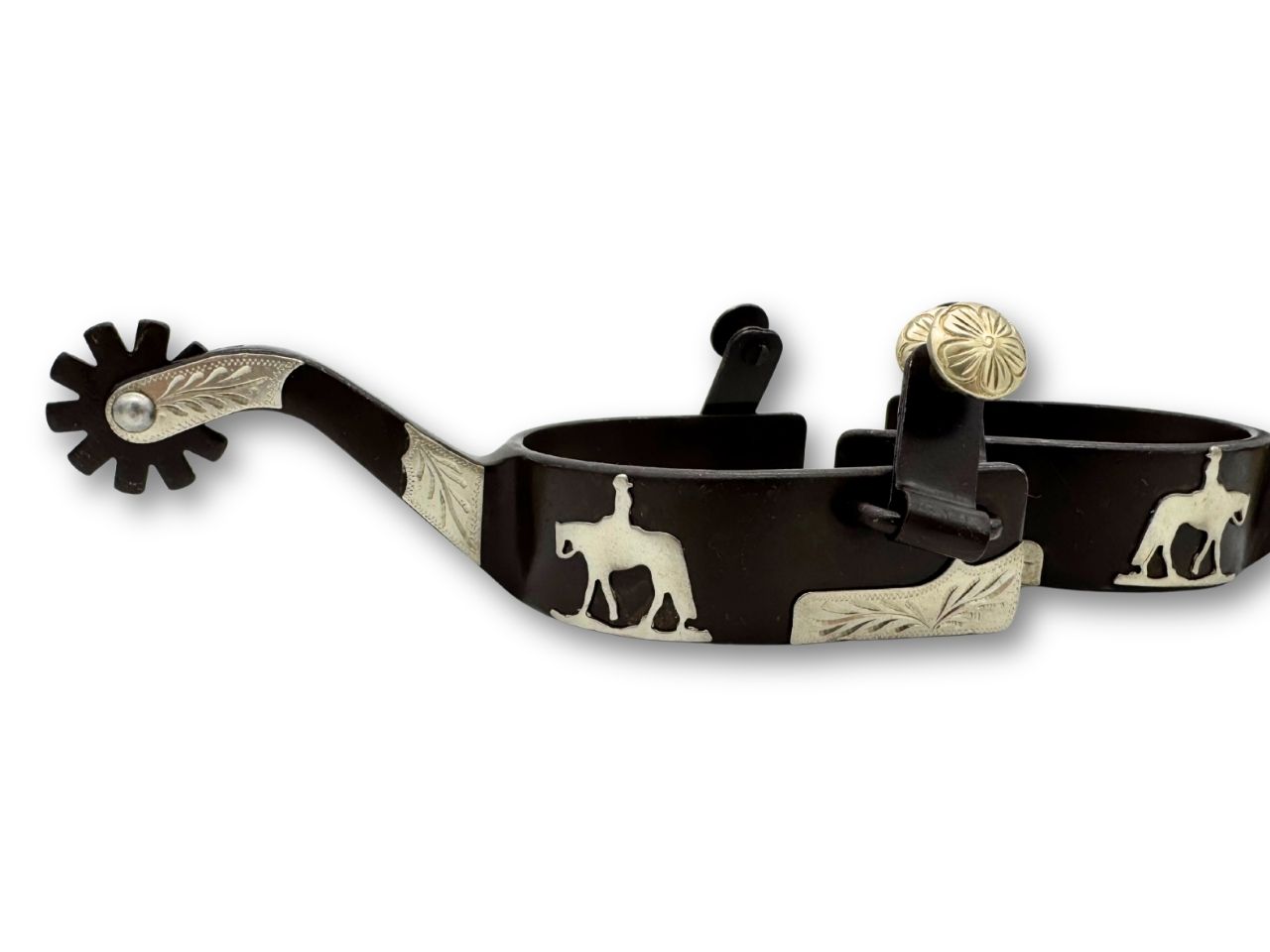 Westernsporen braun mit gravierter Verzierung und riding horse Emblem, Rädchensporen