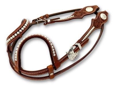 Elegantní dvouuchý westernový snaffle s perlami a řemínkem na krk, středně hnědý