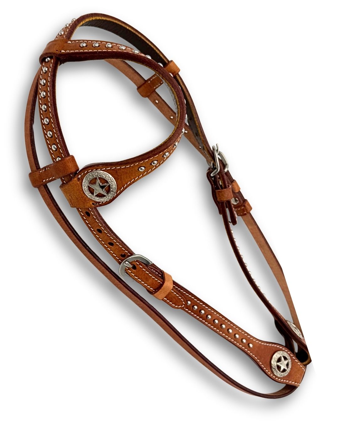 Jednouché westernové chomouty, čelenka s hvězdičkami a cvočky, hnědá barva