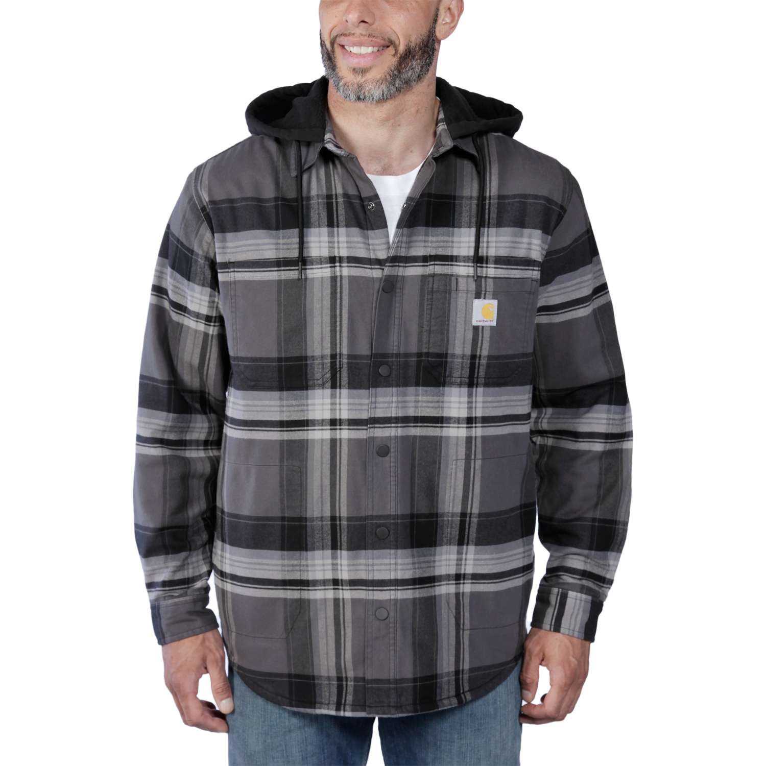 Checked shirt jacket with fleece lining and hood