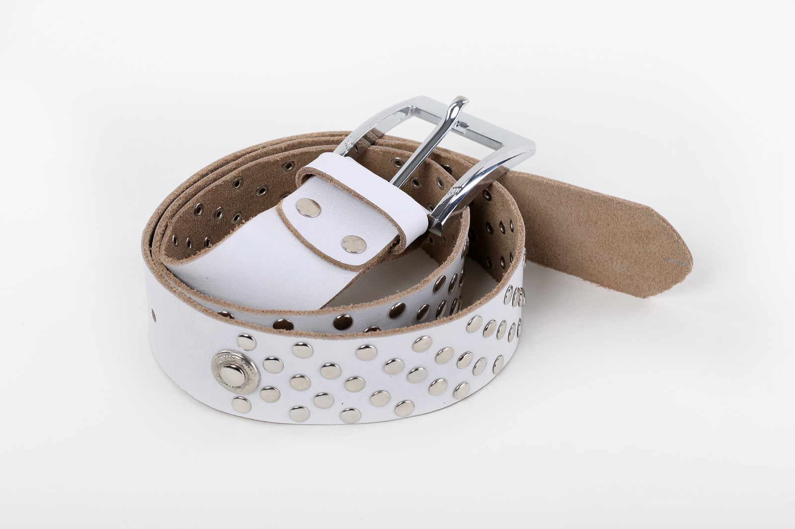 Leather belt white, with rivets