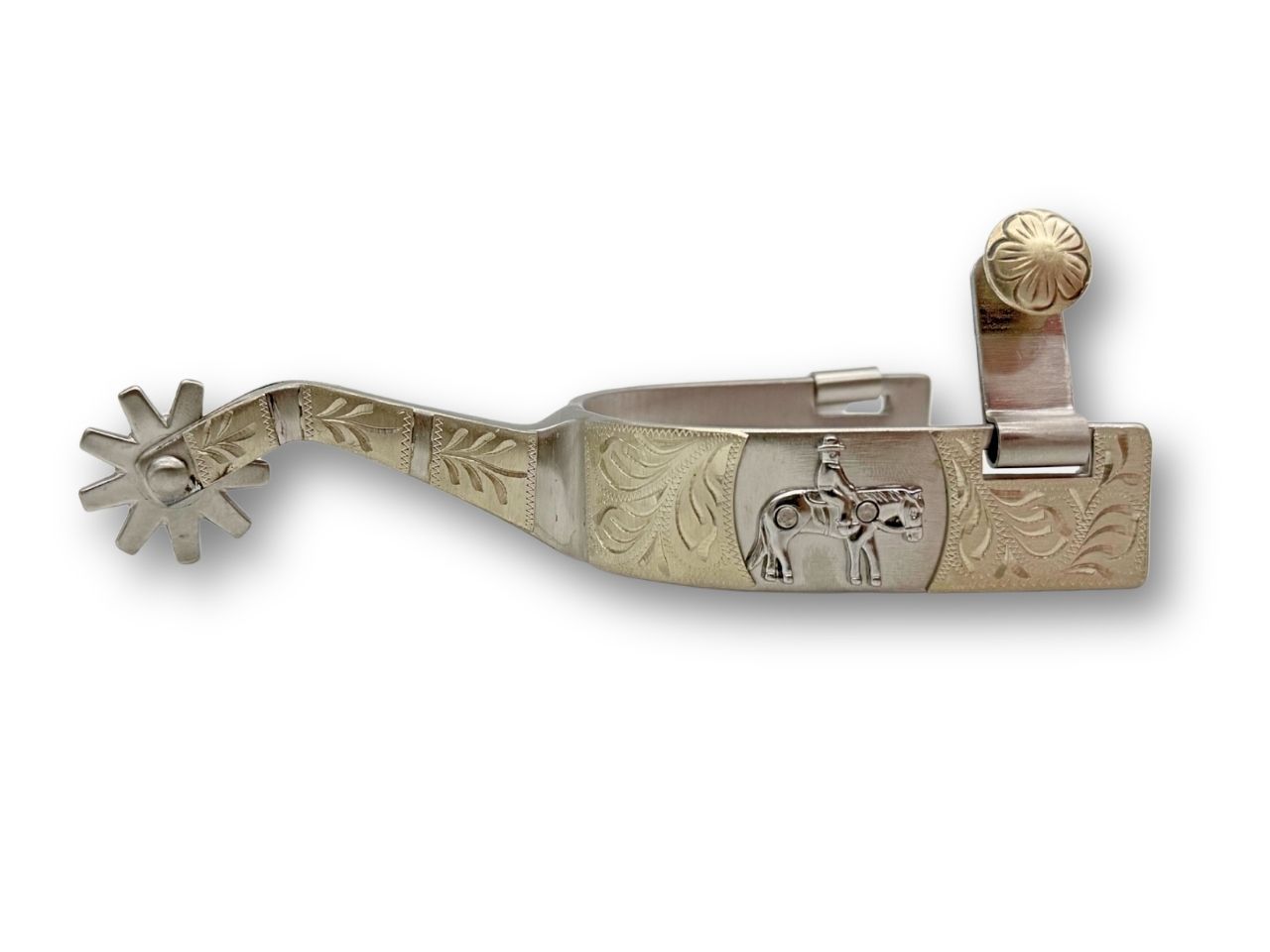 Westernsporen silber mit gravierter Verzierung und horse Emblem, Rädchensporen