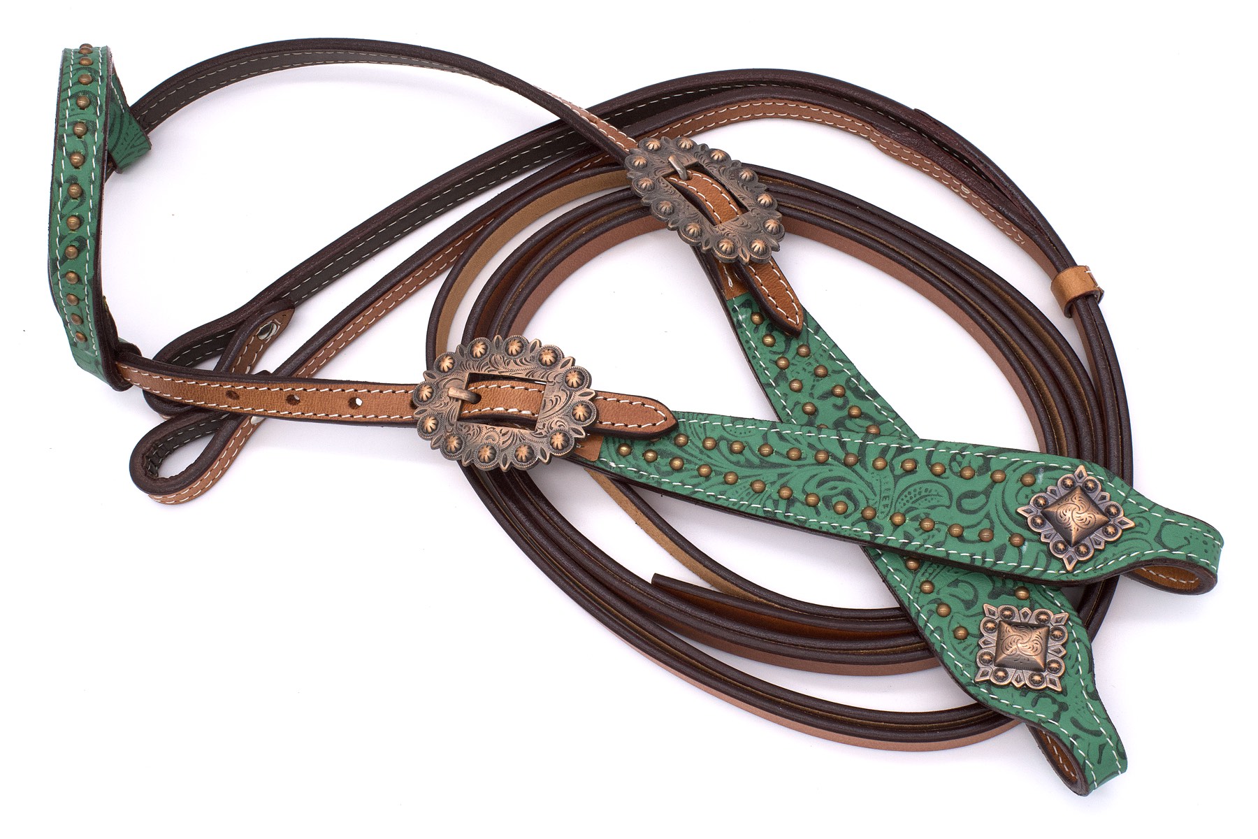 Výstavní westernový snaffle s jedním uchem, ohlávka se zeleným vzorem a přezkami v barvě buvolí kůže.