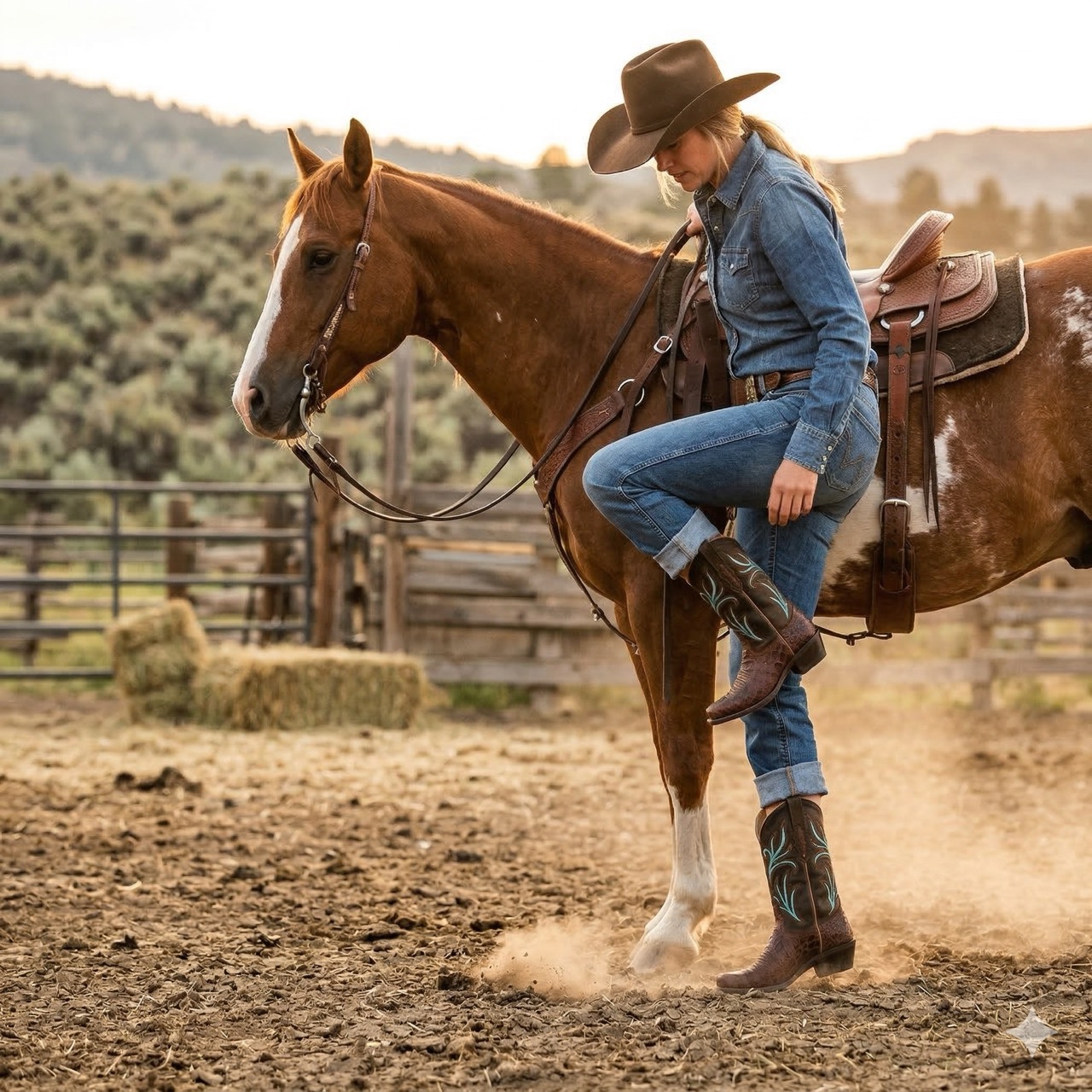 Cowboystiefel Damen 18010E, braun, türkise Stickerei