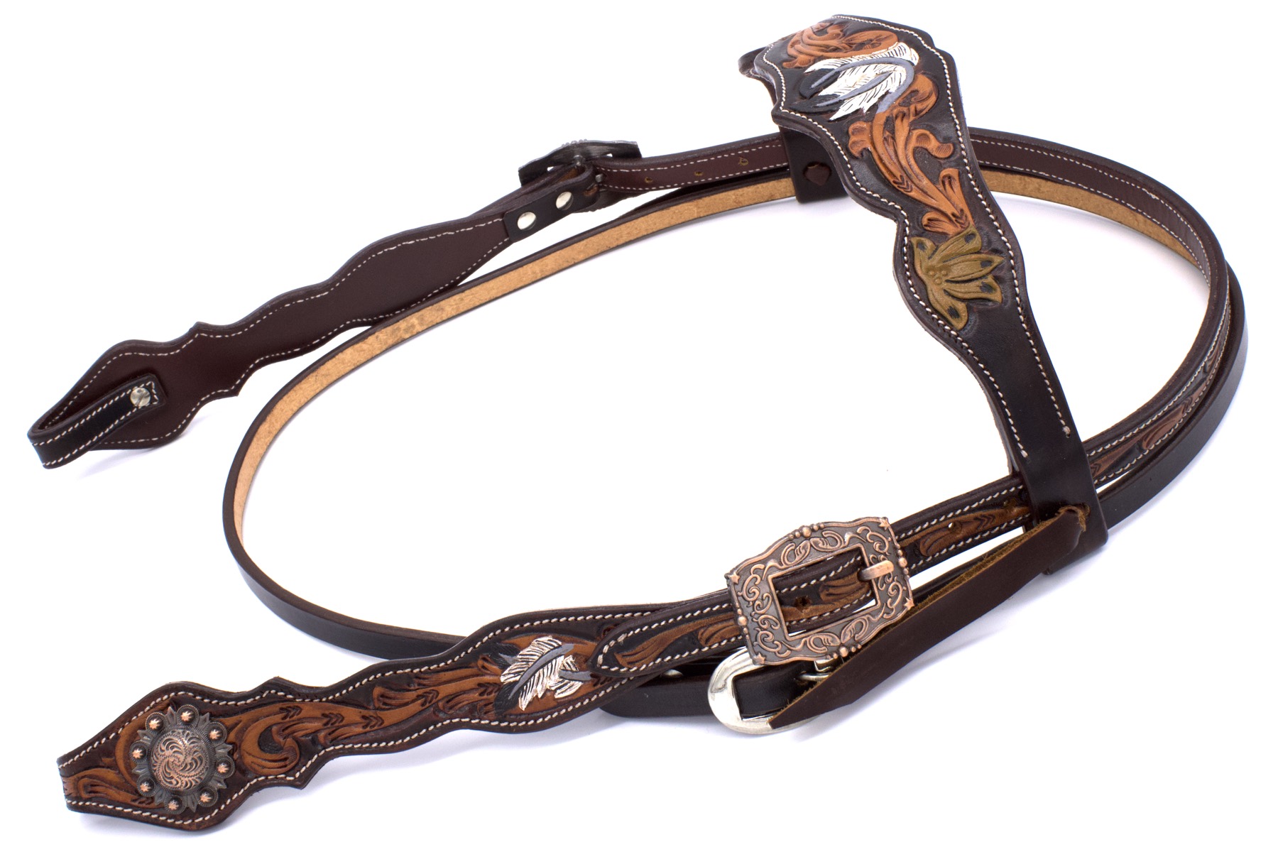 Western bridle in dark brown American leather with hallmarking and white feathers