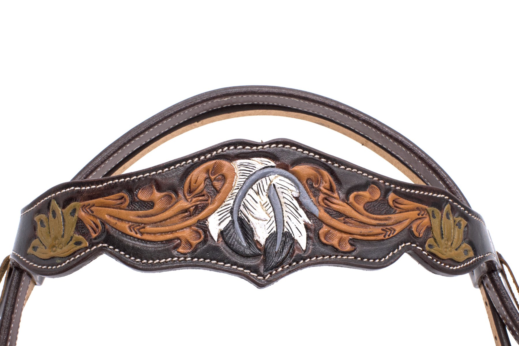 Western bridle in dark brown American leather with hallmarking and white feathers