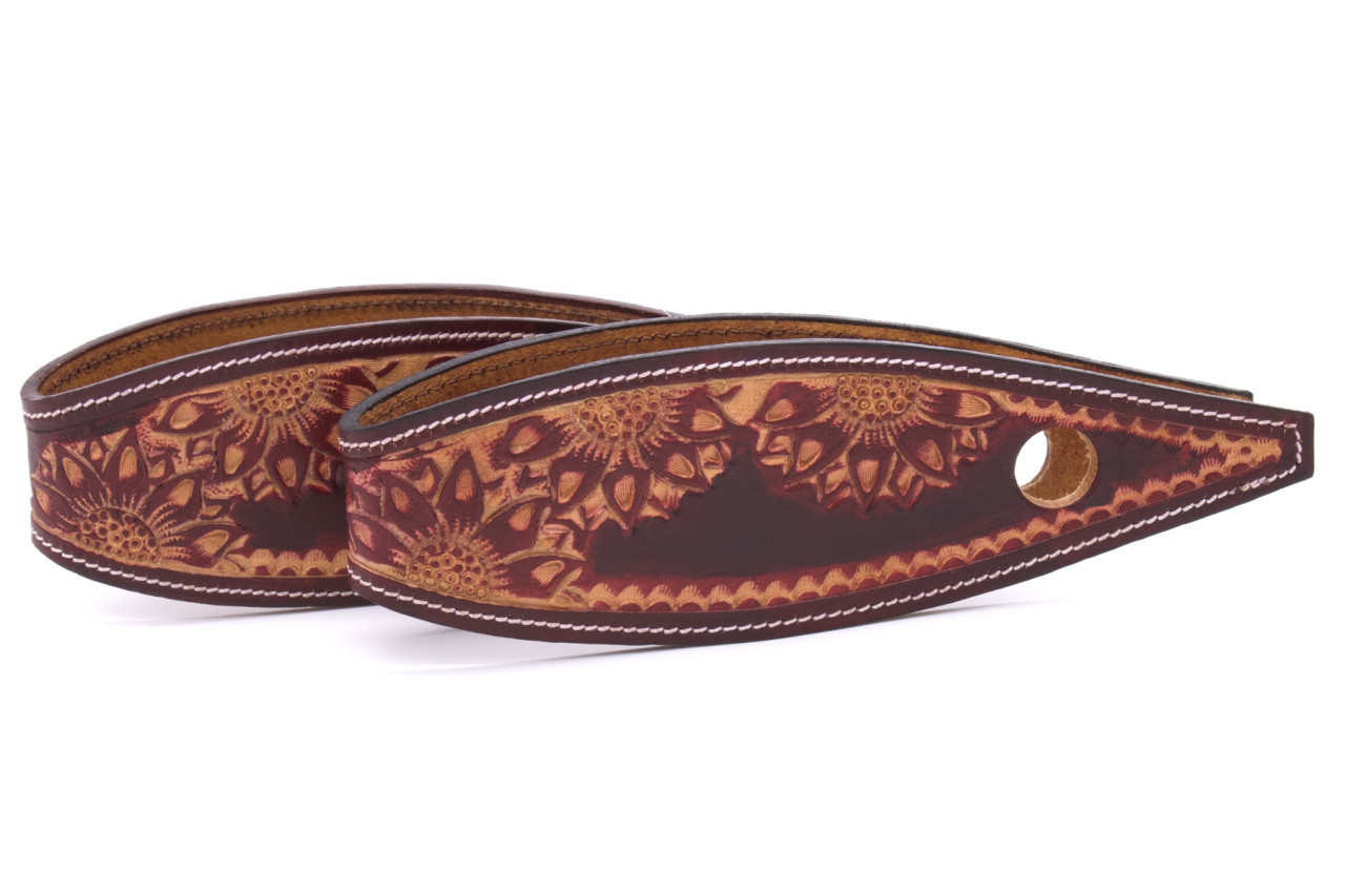 Leather slobber bars, slobber straps with floral embossing, reddish-brown