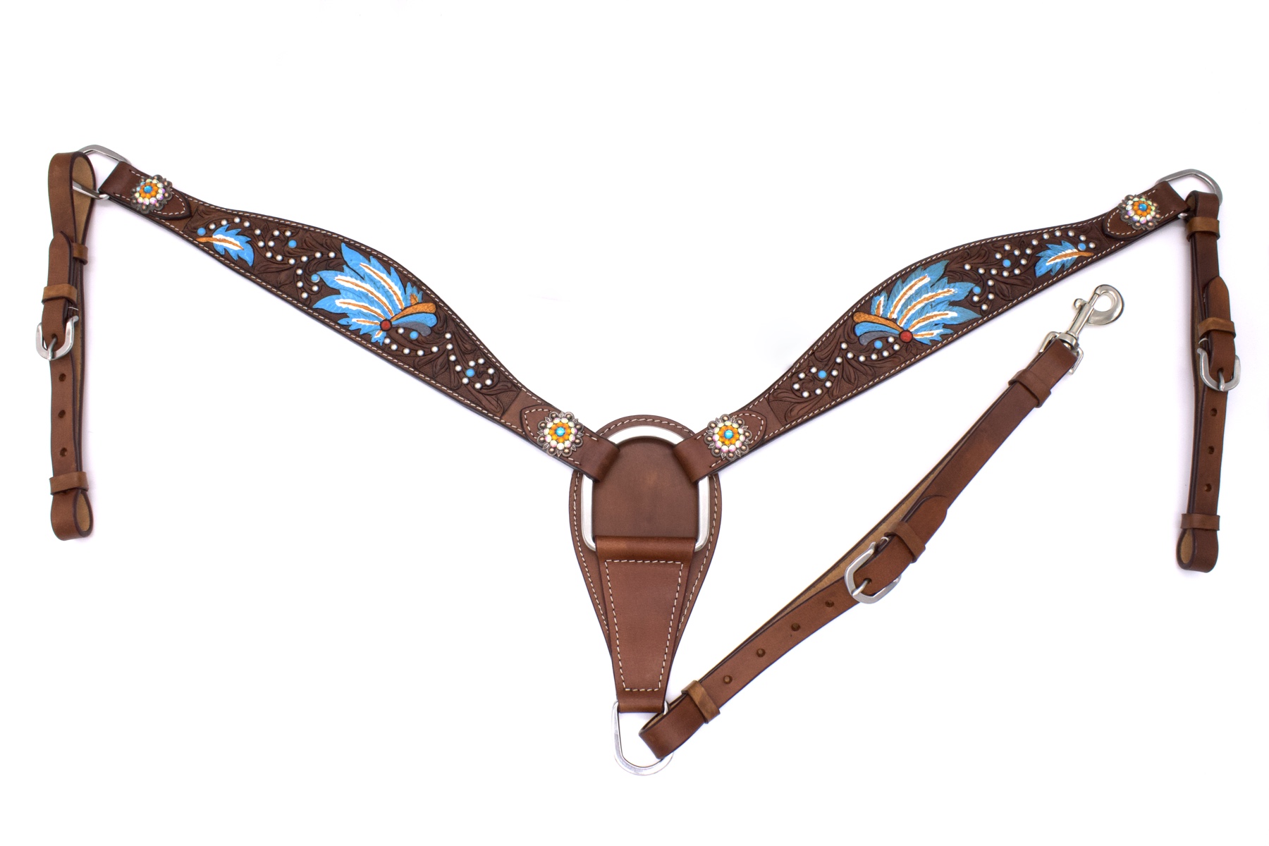 Western Vorderzeug im Indianerdesign, Häuptlingsfedern, punziert, türkis