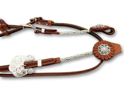 Dvouuchý westernový snaffle se stříbrným kováním, dvouuchý snaffle se stříbrnými ušními očky