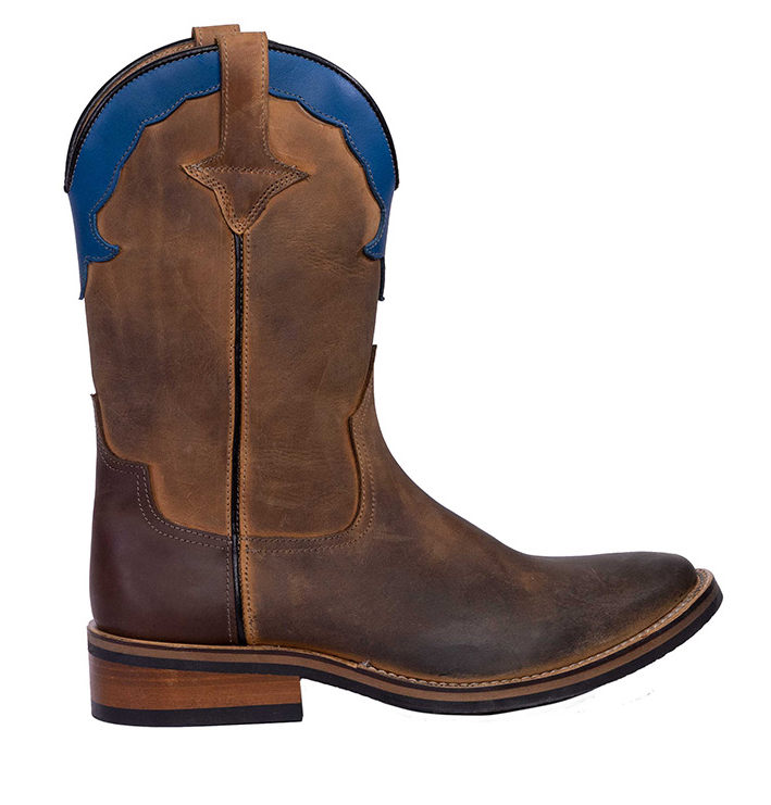 Cowboy boots in oiled calfskin, brown with blue insert