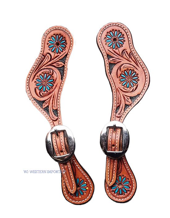 Lady's spur straps Flower Tooled, turquoise