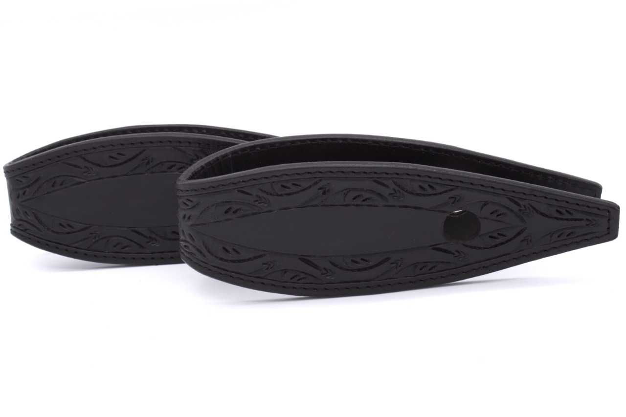 Black leather slobber bars – large, all-black slobber straps, with embossing