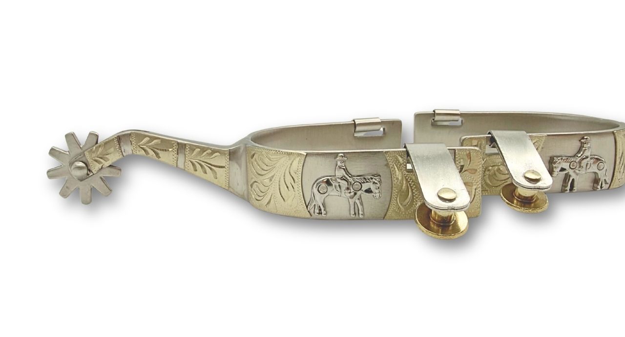 Westernsporen silber mit gravierter Verzierung und horse Emblem, Rädchensporen