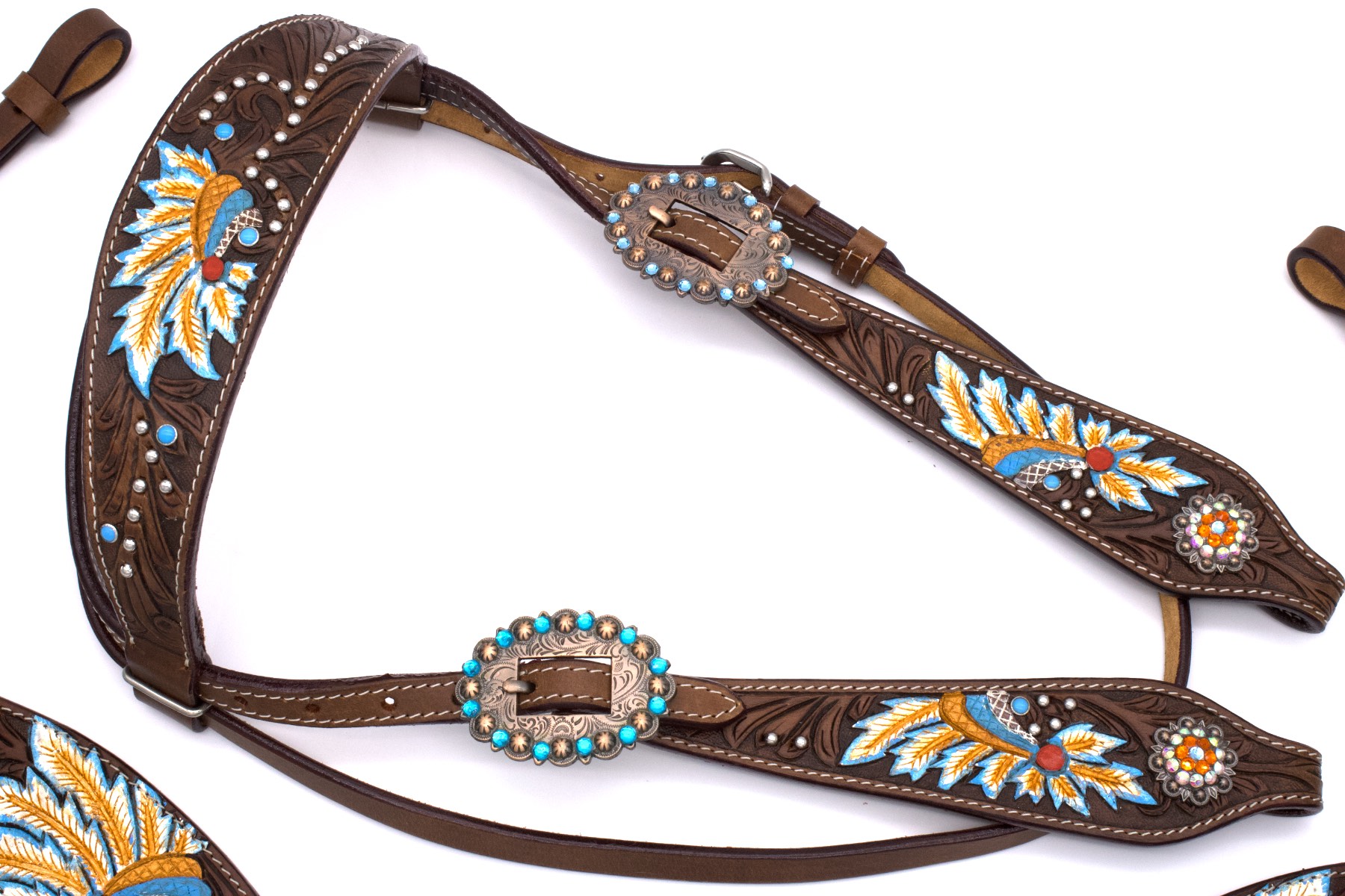 Westerntrense im Indianerdesign, Häuptlingsfedern, punziert, türkis