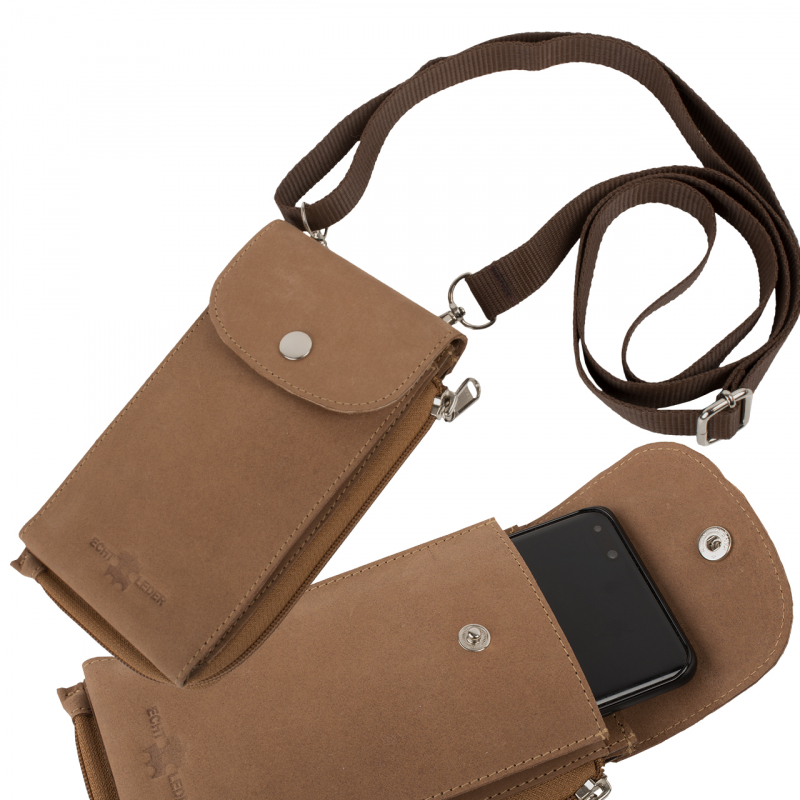 Smartphone shoulder bag with extra money/document compartment Hunter leather light-coloured