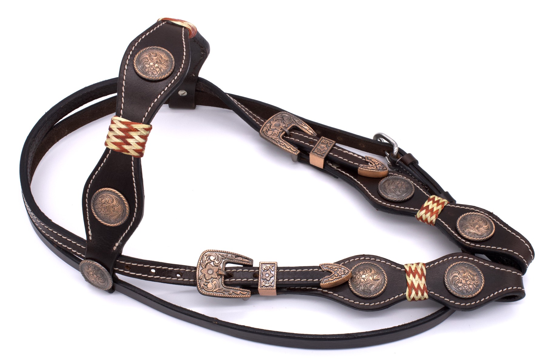 Vintage style western snaffle, copper coloured buckles and conchos, rawhide accents, browband