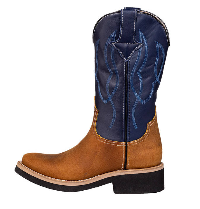 Oiled calfskin cowboy boots, brown/blue