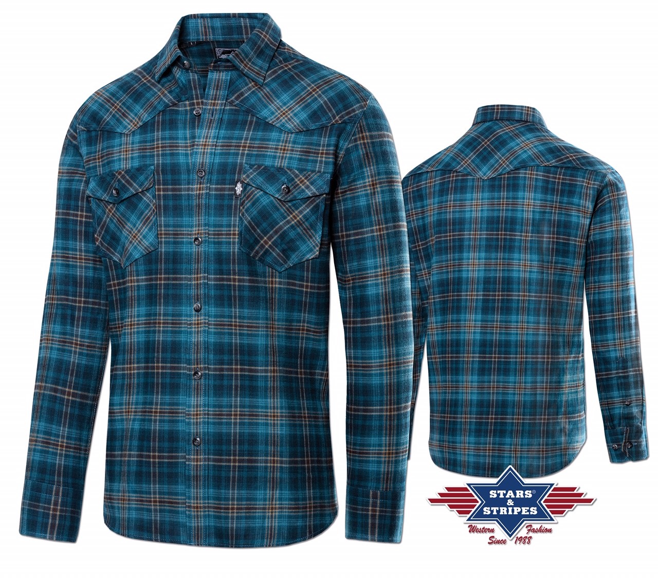Western shirt A-04 men, flannel, turquoise