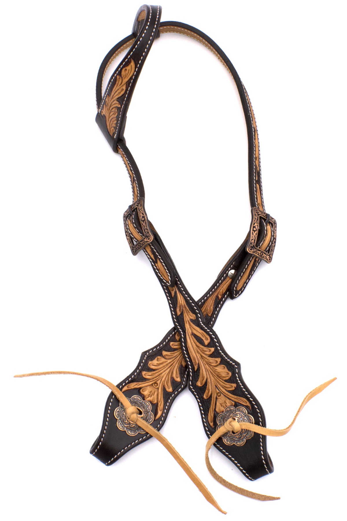 Westerntrense, Kopfstück schwarz mit Punzierung, kupferfarbene Schnallen