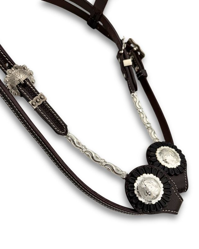 Westernový snaffle z tmavě hnědé kůže s V-ohlávkou a stříbrným zdobením