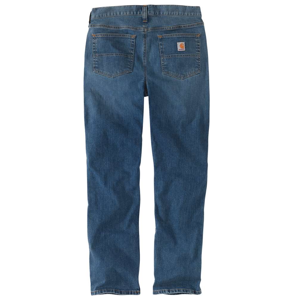 5-pocket stretch fabric jeans with mid-rise waist and tapered leg