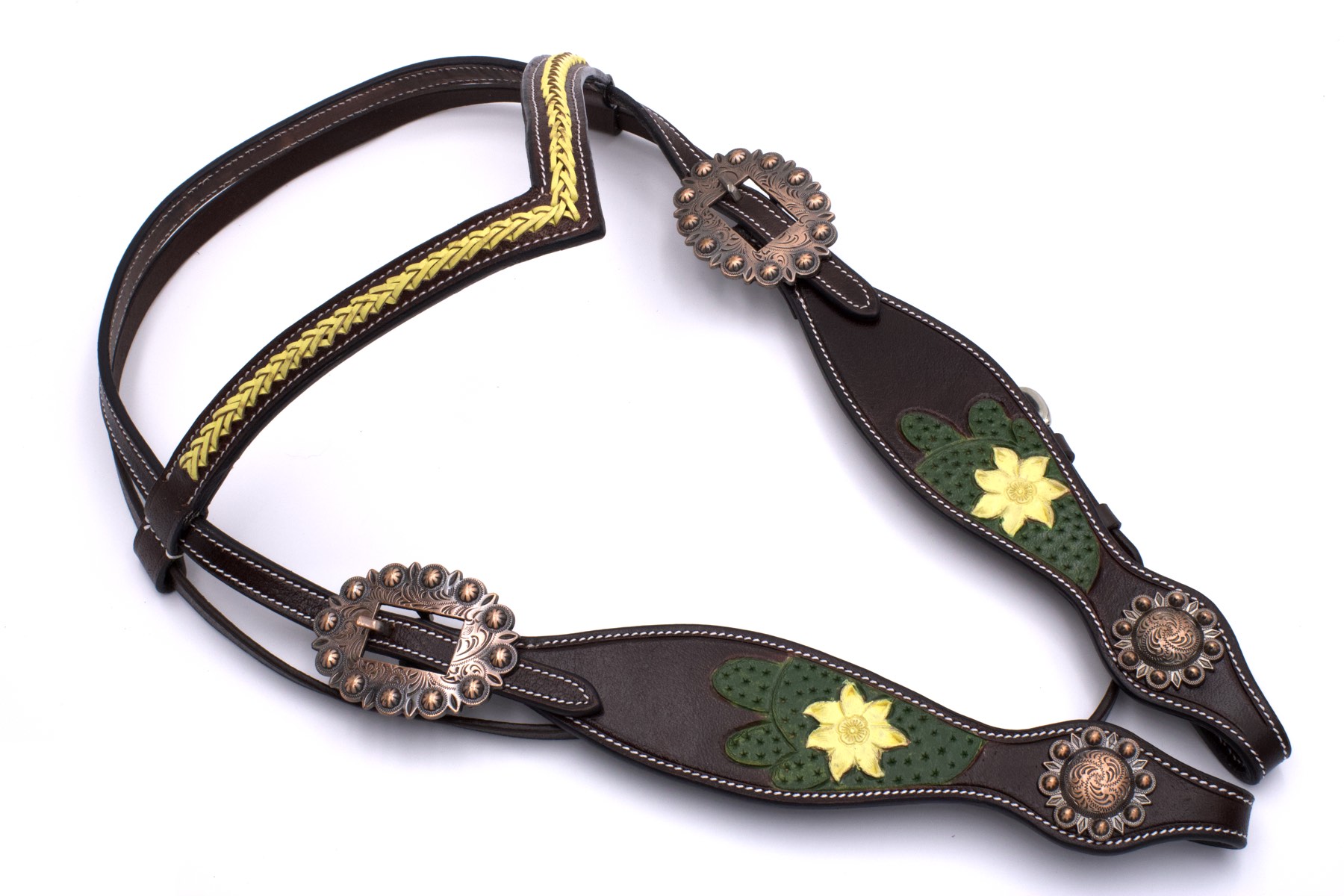 V-Stirnriemen Westerntrense dunkelbraun mit gelben Verzierungen