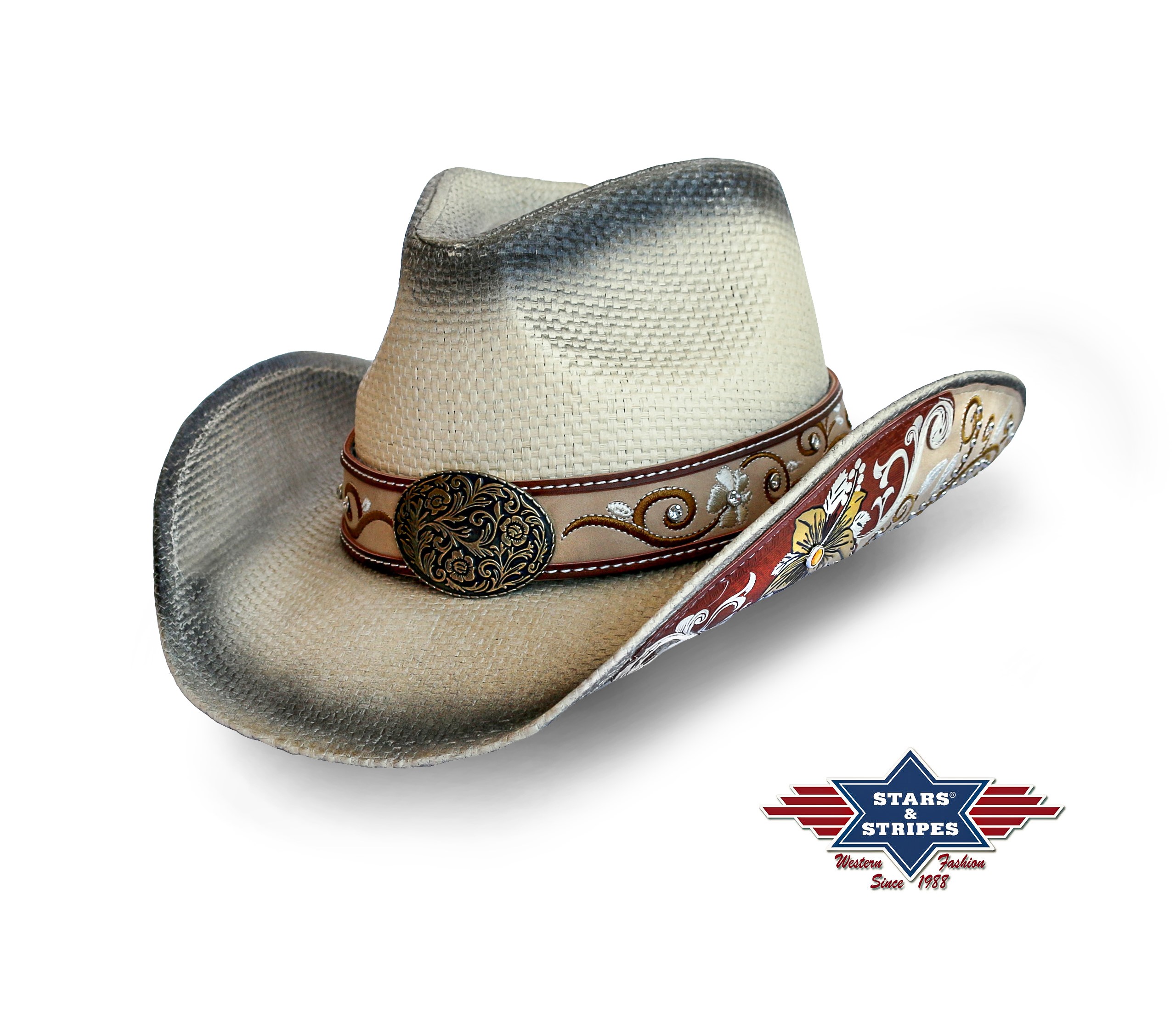 PAOLA straw cowboy hat, white and colourful