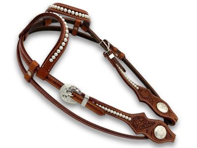 Elegantní dvouuchý westernový snaffle s perlami a řemínkem na krk, středně hnědý