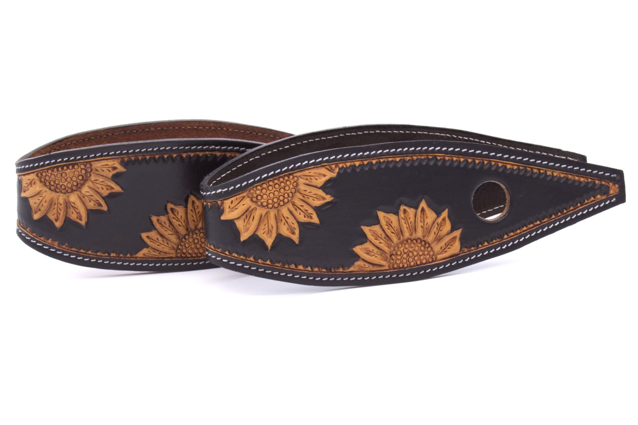 Leather Slobber Bars – large, black Slobber Straps with sunflower embossing