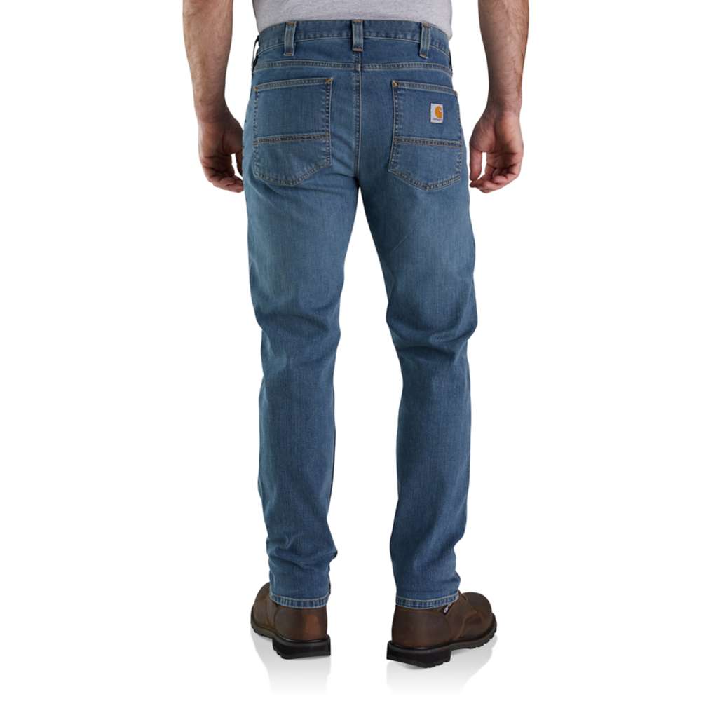 5-pocket stretch fabric jeans with mid-rise waist and tapered leg