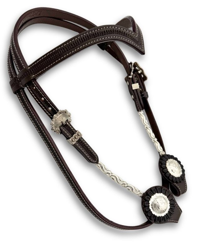 Westerntrense mit dunkelbraunem Leder mit V-Stirnriemen & Silber-Verzierung