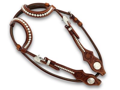 Elegantní dvouuchý westernový snaffle s perlami a řemínkem na krk, středně hnědý