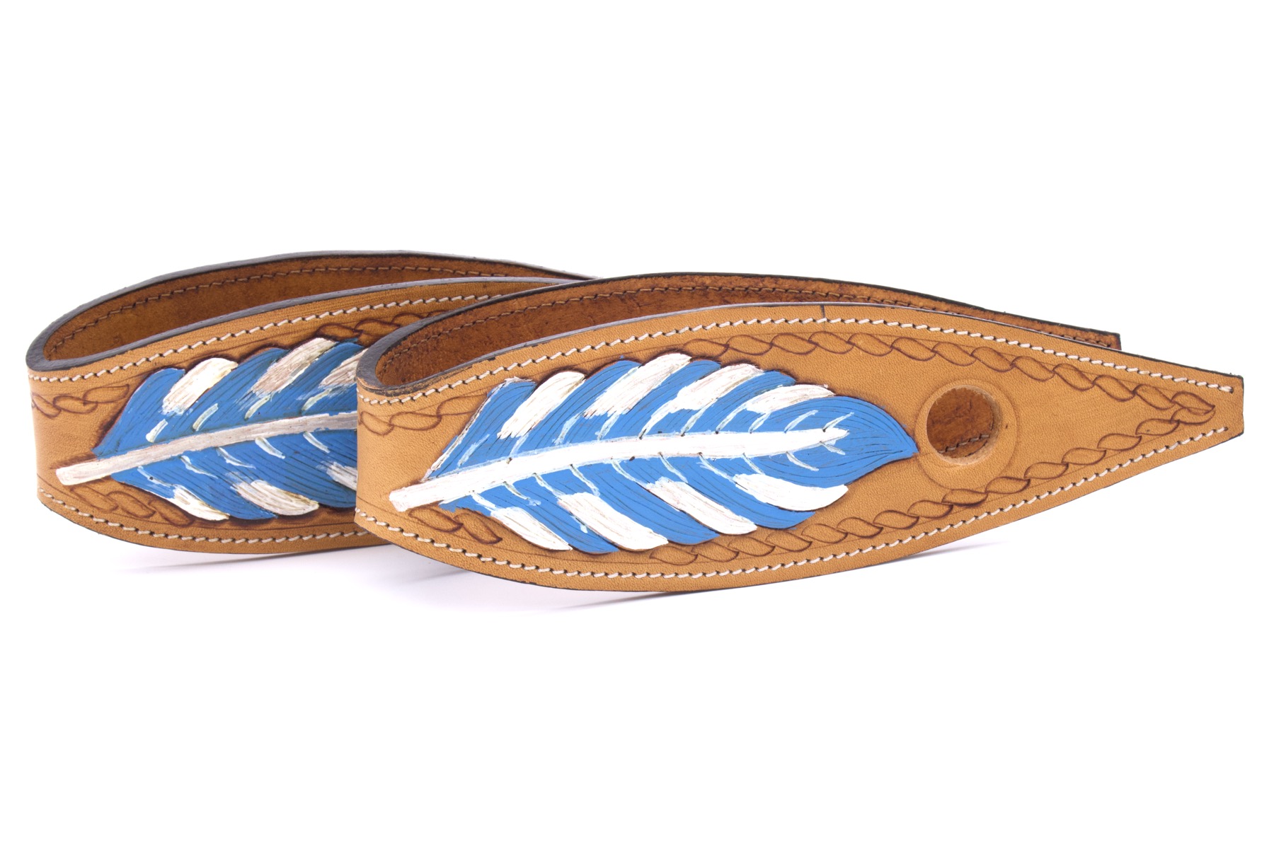 Leather slobber bars, slobber straps with a blue and white feather, large
